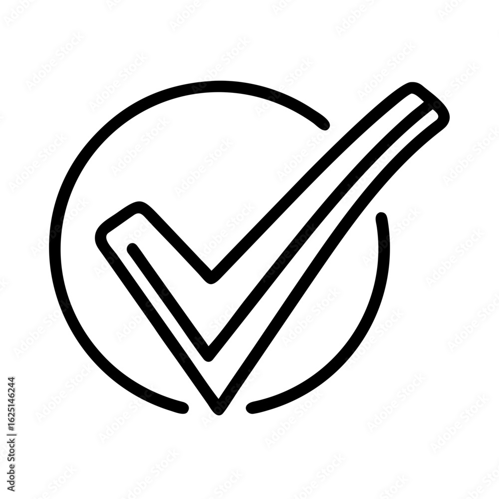 Poster outline of a check mark inside of a circle indicating approval or completion in black and white desi