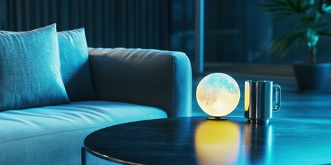 Cosmic-themed modern interior in moody light with reflective silver elements and LED glow.