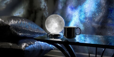Cosmic-themed modern interior in moody light with reflective silver elements and LED glow.