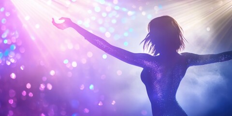 Party scene with cosmic energy, motion blur, and glowing club atmosphere in metallic tones.