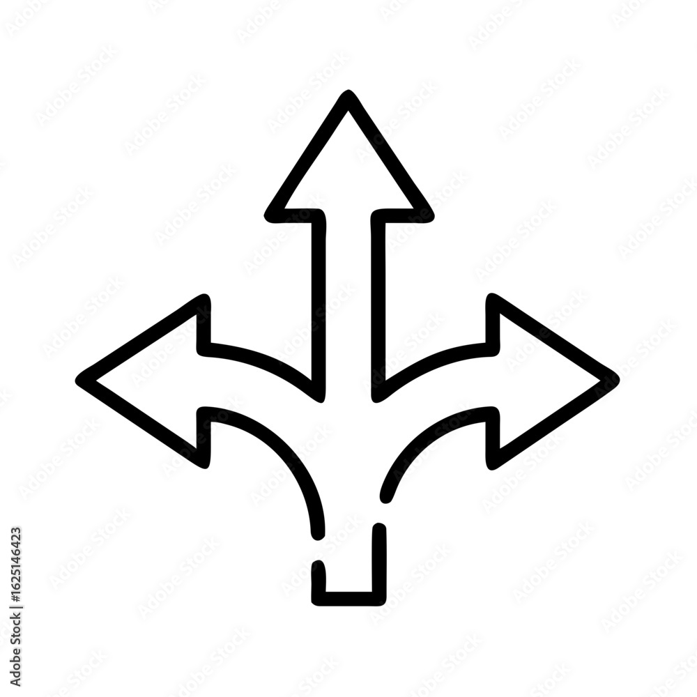 Poster three way direction arrow sign showing choice of path in black outline on a white isolated backgroun