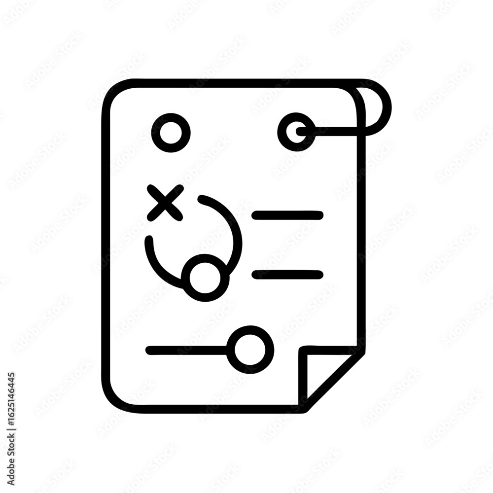 Poster outline drawing of a strategy plan on a sheet of paper with circles lines and an x on a white backgr
