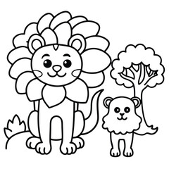 Cute cartoon lion and cub with a tree on a white background for coloring pages