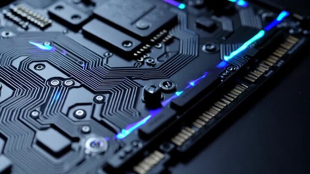 Close-up of Circuit Board with Illuminated Lines and Details Showcasing Modern Electronic Technology