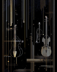 Art Deco style: jazz poster background, stylized instruments, gold lines, vintage performance mood
