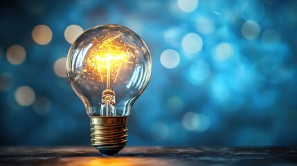 A glowing light bulb against a blue bokeh background. The concept of innovation and creativity. The image highlights the idea of inspiration and enlightenment.