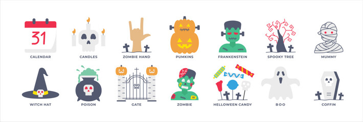 Flat Halloween Icons – Calendar, Candles, Pumpkins, Zombie, Frankenstein, Witch Hat, and Others