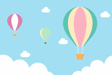 Colorful hot air balloons floating in a clear blue sky with clouds vector illustration
