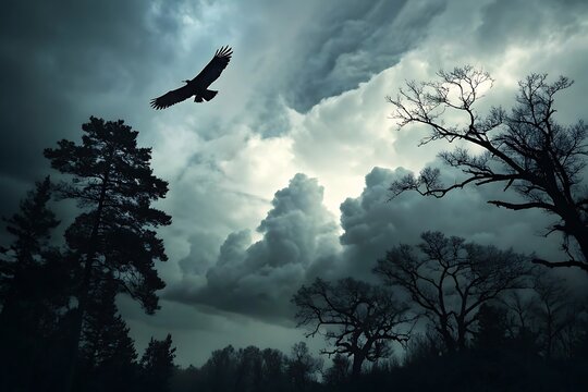 Soaring raptor against dramatic stormy sky with silhouetted trees bird flying