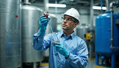 Public services include a worker with protective gloves examining liquid sample in factory, worker inspecting fluid to maintain quality. Man checks sample and reads data.