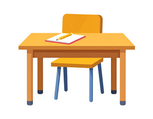 Brightly colored desk and chair set with notebook and pencil ready for back to school season