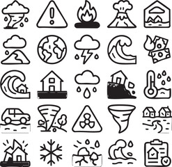 Fototapeta premium A set of hand-drawn icons illustrating various natural disasters, extreme weather events, and emergency symbols.