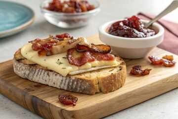 Toasted bread with melted cheese and crispy bacon appetizer