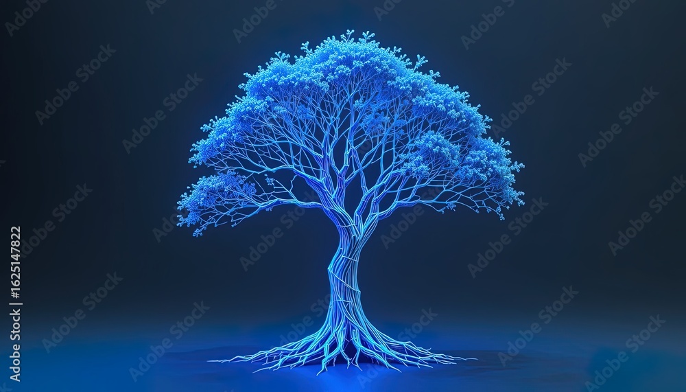 Poster a stylized, illuminated tree with intricate branches and roots.