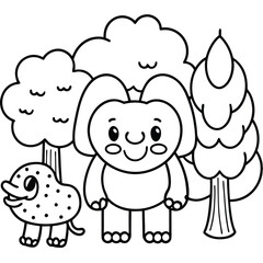 Obraz premium Cute cartoon baby elephant and dinosaur with trees and clouds simple line drawing for coloring