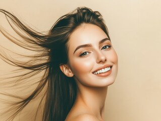 Portrait of beautiful brunette long-haired woman posing on beige studio background