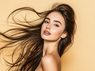 Portrait of beautiful brunette long-haired woman posing on beige studio background