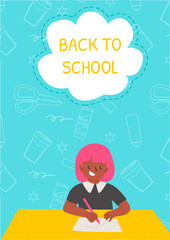 Back to school poster with african young girl drawing on yellow desk. Colorful school sale poster with playful design, cute elements for kindergarten kids. Perfect for early education promotions and l