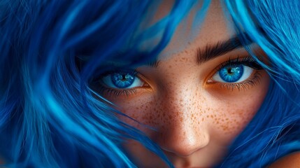 Blue Hair Woman Close Up Portrait - A captivating close-up portrait of a woman with vibrant blue hair and striking blue eyes. The symbolizes mystery, beauty, confidence, individuality, and freedom