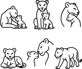 Lioness and Cub Black Line Art Vector Icons Wildlife Animal Motherhood Illustration Set 