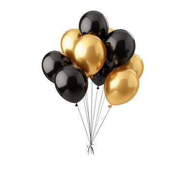 Fototapeta Elegant group of black and gold balloons floating against a dark white background