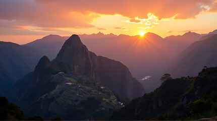 Majestic sunrise over Machu Picchu revealing the ancient Inca citadel
