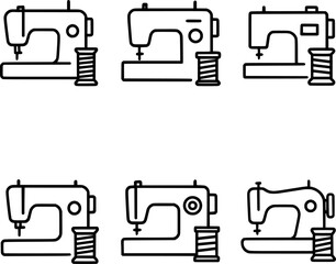 Sewing Machine with Thread Line Art Icon Set 