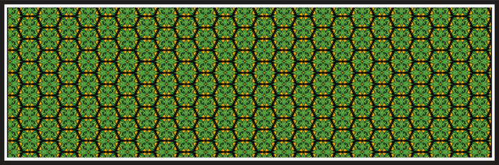 This seamless green floral pattern features repeating botanical elements with vibrant yellow petals and symmetrical design. Ideal for use in textile prints, wallpapers, packaging.