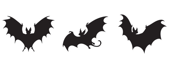Set of three black bat silhouettes with outstretched wings in various flying poses, isolated on white background, spooky vector illustration