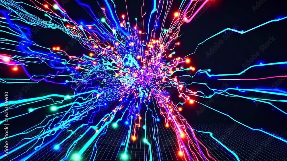 Poster colorful abstract light burst with dynamic energy flow in digital space background