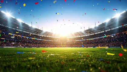 Wide shot of a packed sports stadium with confetti falling, illuminated by bright stadium lights and a sunny sky.