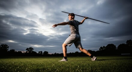 Athletic gen Z athlete training for javelin throwing competition outdoors