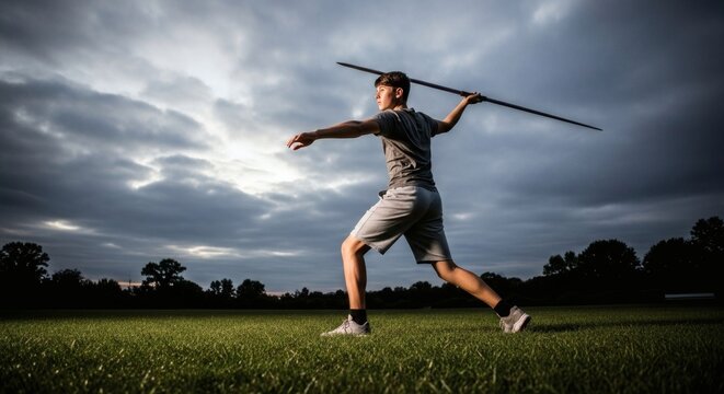 Athletic gen Z athlete training for javelin throwing competition outdoors