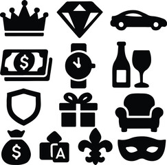 Luxury Lifestyle Icons – Black Silhouette Set of Wealth, Diamond, Crown, Car, Wine, Watch, Gift, Shield, Lounge, Mask, and Money Icons for Premium Brand Design, VIP Services, Fashion Apps, High-End Pr