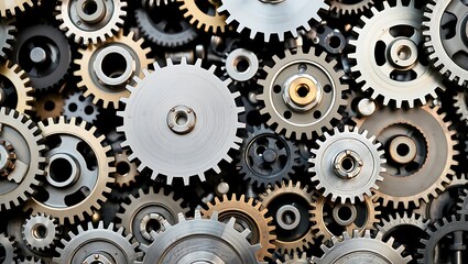 A complex arrangement of interlocking gears and cogs in various sizes and finishes