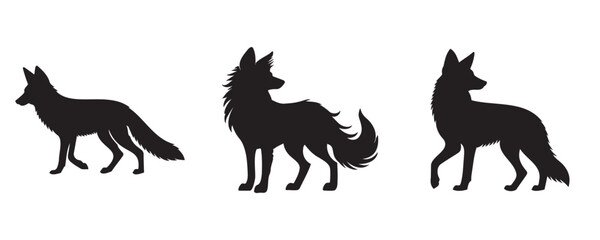 Set of three black fox silhouettes in different poses, standing and howling, isolated on white background, vector animal illustration
