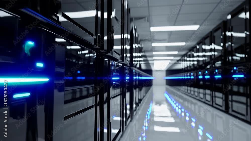 Poster modern data center corridor with server racks and blue led lights in high-tech environment