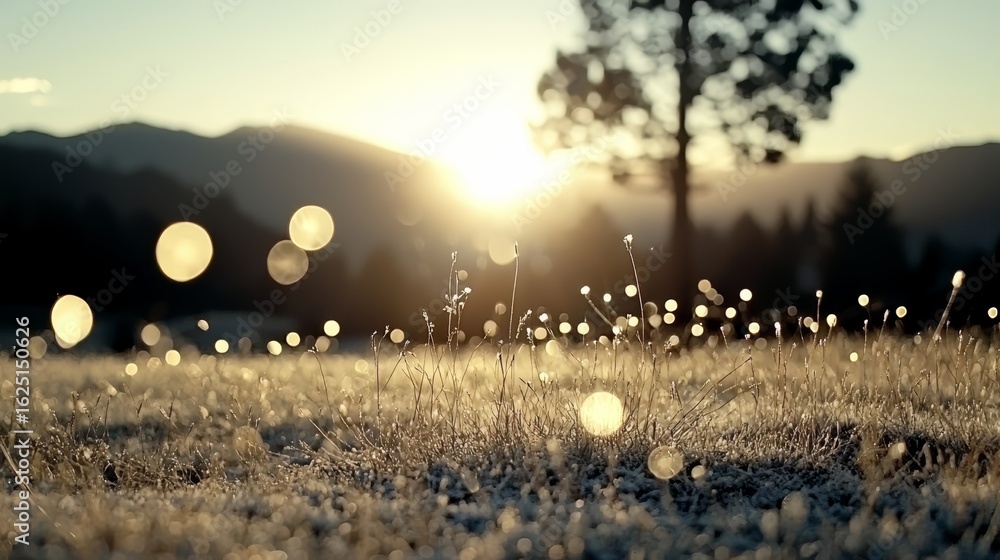 Aufkleber field of grass with a tree in the background. the sun is setting and the grass is covered in frost