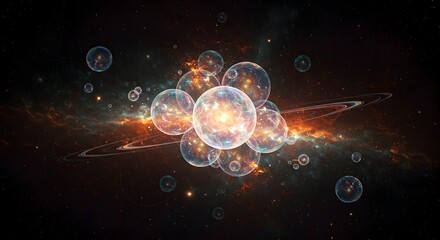 Obraz premium Cosmic Bubbles: An abstract representation of celestial spheres floating in an infinite cosmos, this artwork offers a glimpse into the unseen, evoking a sense of wonder and mystery.