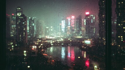 Obraz premium Rainy Night Cityscape View From Window