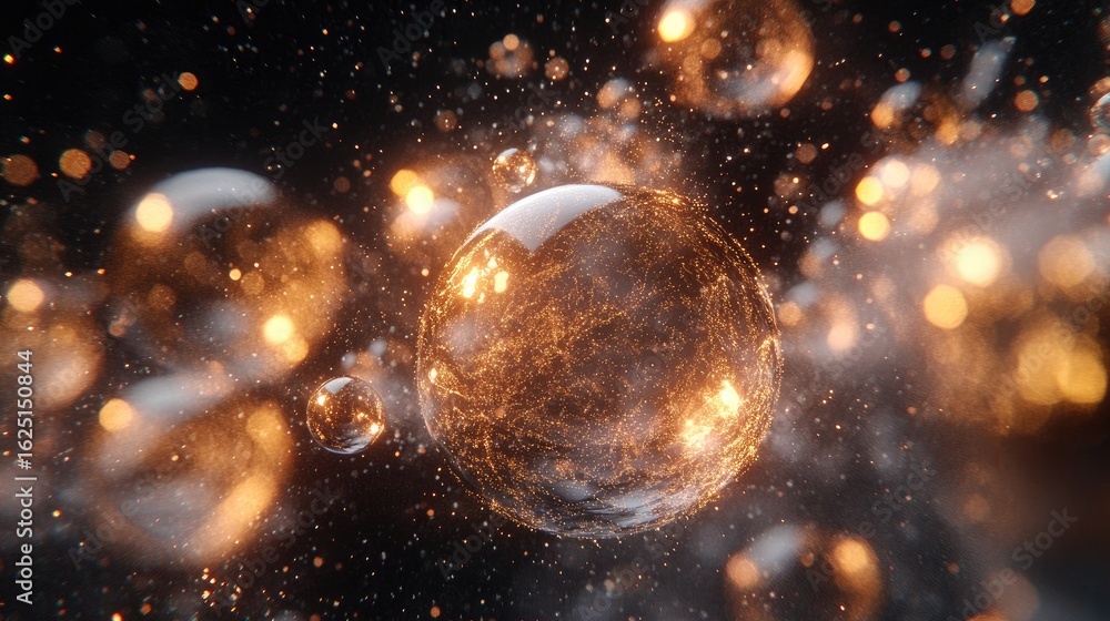 Aufkleber golden abstract bubbles floating in dark space digital artwork display