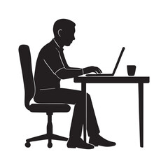 "Man Working on Laptop Silhouette at Desk Vector Illustration"

