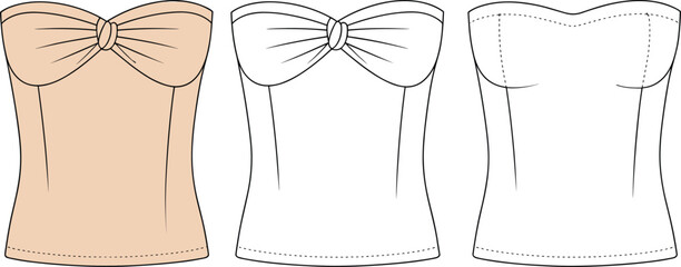Strapless twisted bandeau top flat sketch, fashion design vector, female bustier top, technical cad drawing, apparel template illustration