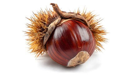 A close-up shot of a chestnut with its spiky husk, emphasizing the rich colors and textures of nature