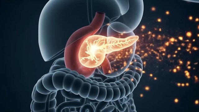 Pancreas, liver, and abdominal organs glowing  ideal for medical presentations, scientific articles, and educational materials on internal organs.
