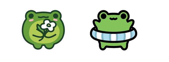 Fototapeta premium Cute cartoon frogs. one blushing and holding a flower, the other in a striped swim ring. kawaii-style characters, wholesome emotions in internet meme and sticker culture