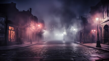 Foggy night in a small town with a cobblestone street. The street is empty and the only light is from the street lamps