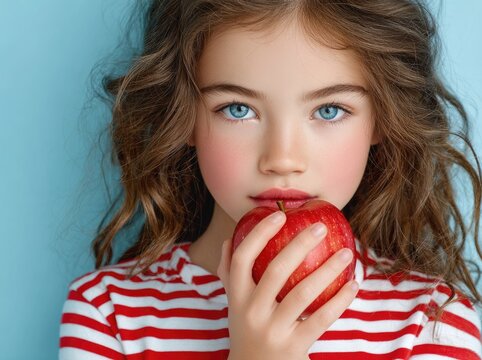 A young girl with wavy brown hair and blue eyes, wearing a red and white striped shirt, eats an apple against a light blue background.