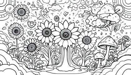 A whimsical, black and white illustration of a surreal landscape.