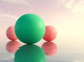 Spherical Symphony: Three colorful orbs float gracefully above a reflective surface, their vibrant hues mirroring the serene sky, evoking a sense of balance and harmony in a minimalistic composition.